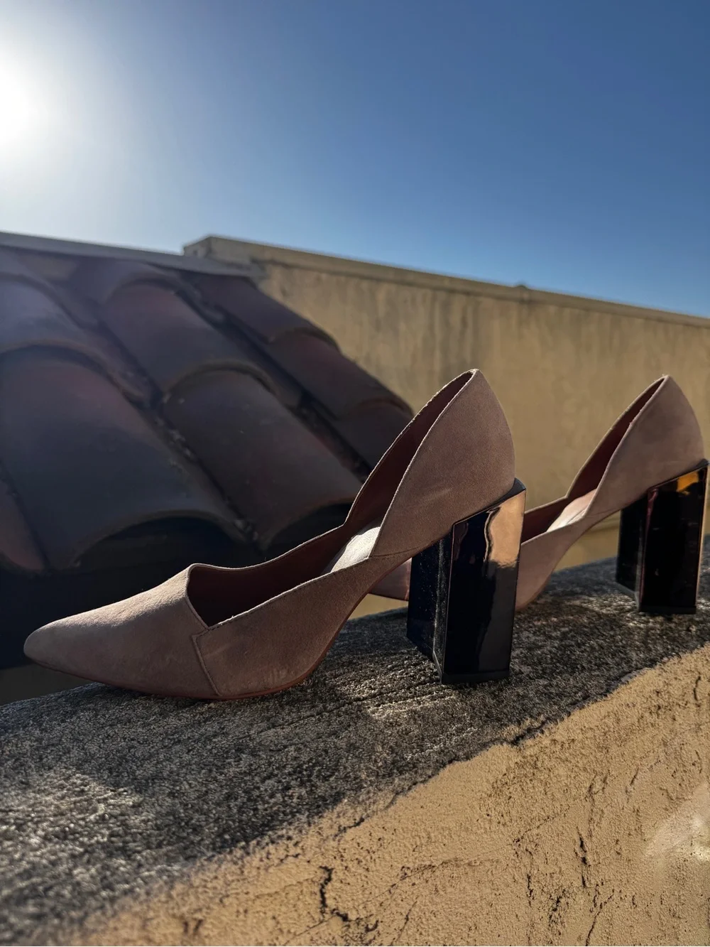 H by Halston Taupe Gray Suede Pointed Pumps with Silver Mirrored Block Heels